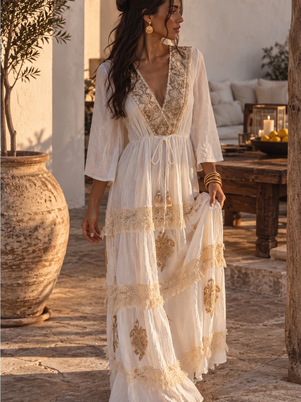 Boho V-Neck Maxi Dress with Gold Embroidery in Ivory